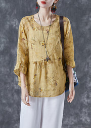 Boho Yellow Patchwork Print Linen Blouse Tops Bracelet Sleeve