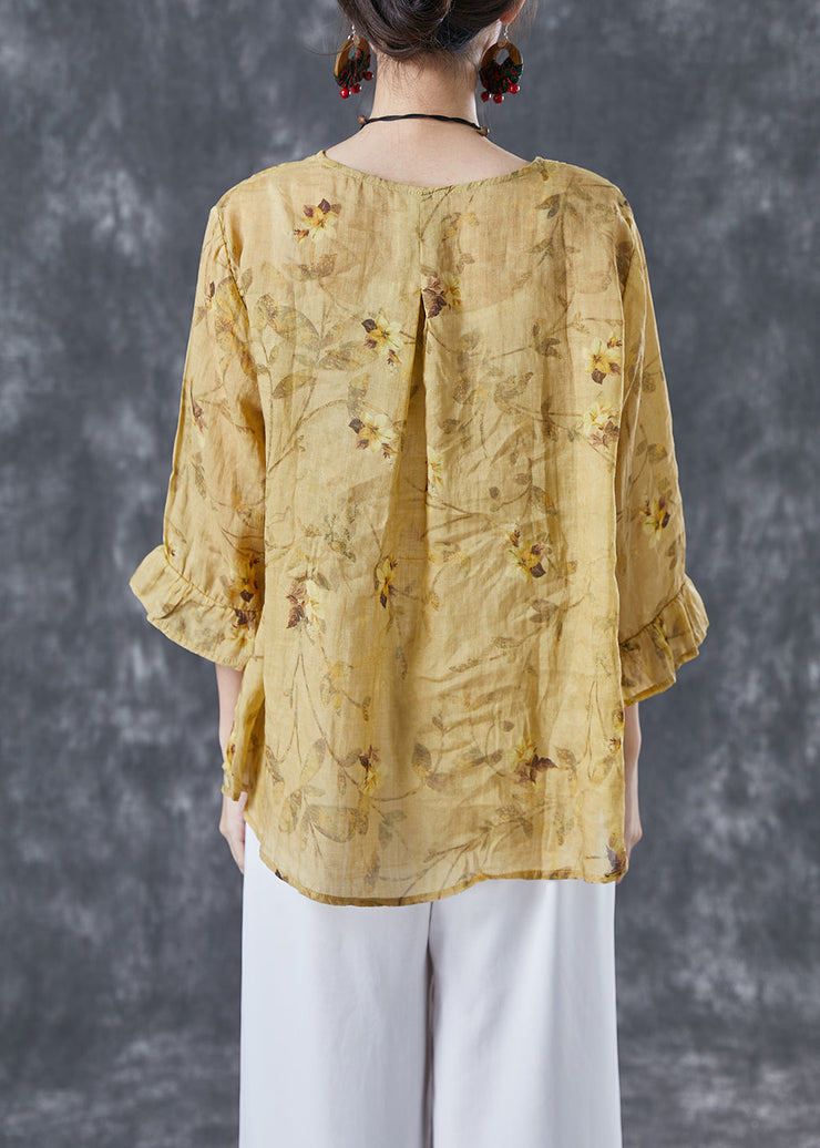 Boho Yellow Patchwork Print Linen Blouse Tops Bracelet Sleeve