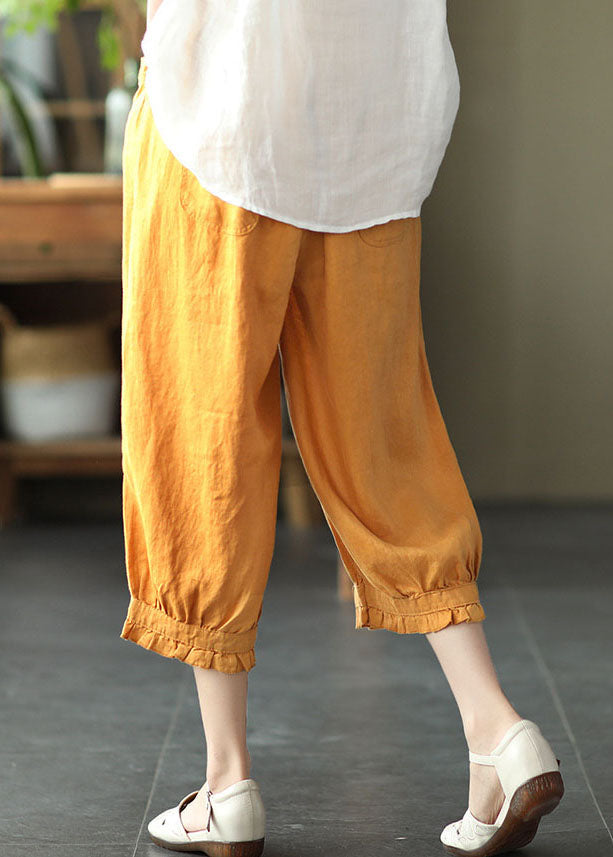 Boho Yellow Pockets Ruffled Patchwork Linen Crop Pants Summer