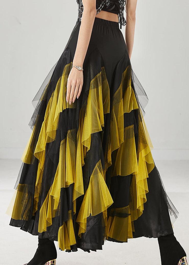 Boho Yellow Ruffled Patchwork Tulle Skirts Spring