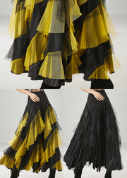 Boho Yellow Ruffled Patchwork Tulle Skirts Spring