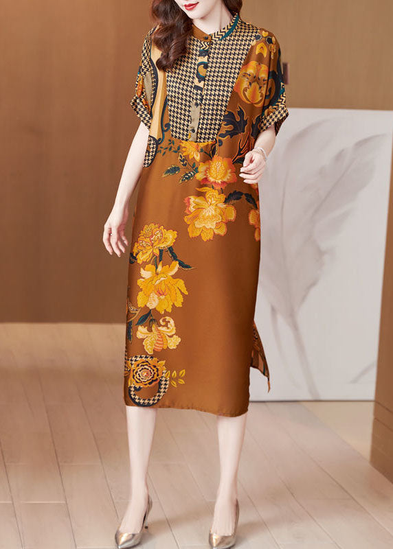 Boho Yellow Stand Collar Patchwork Print Silk Long Dresses Summer