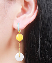 Boho Yellow Sterling Silver Overgild Jade Beeswax Drop Earrings