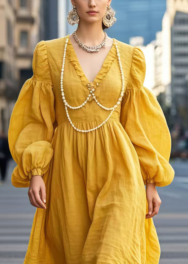 Boho Yellow V Neck Nail Bead Cotton Long Dress Lantern Sleeve