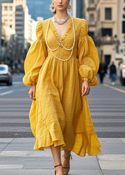 Boho Yellow V Neck Nail Bead Cotton Long Dress Lantern Sleeve