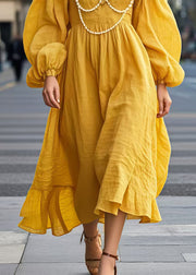 Boho Yellow V Neck Nail Bead Cotton Long Dress Lantern Sleeve