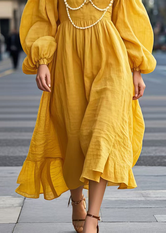 Boho Yellow V Neck Nail Bead Cotton Long Dress Lantern Sleeve