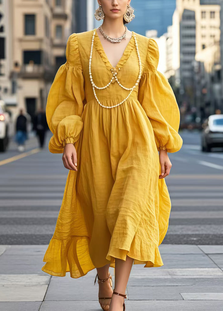 Boho Yellow V Neck Nail Bead Cotton Long Dress Lantern Sleeve