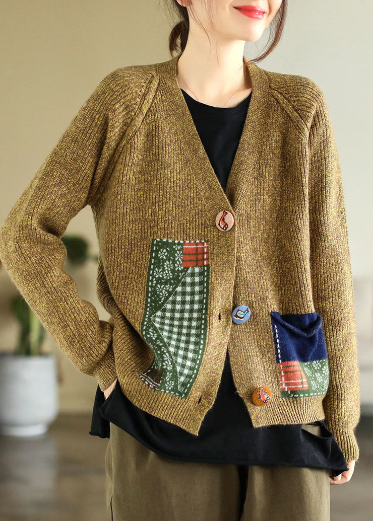 Boho Yellow V Neck Patchwork Applique Knit Cardigans Winter