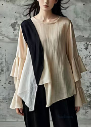 Boutique Apricot Asymmetrical Patchwork Cotton Blouses Spring