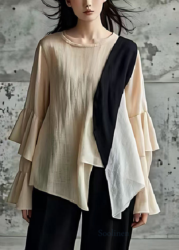 Boutique Apricot Asymmetrical Patchwork Cotton Blouses Spring