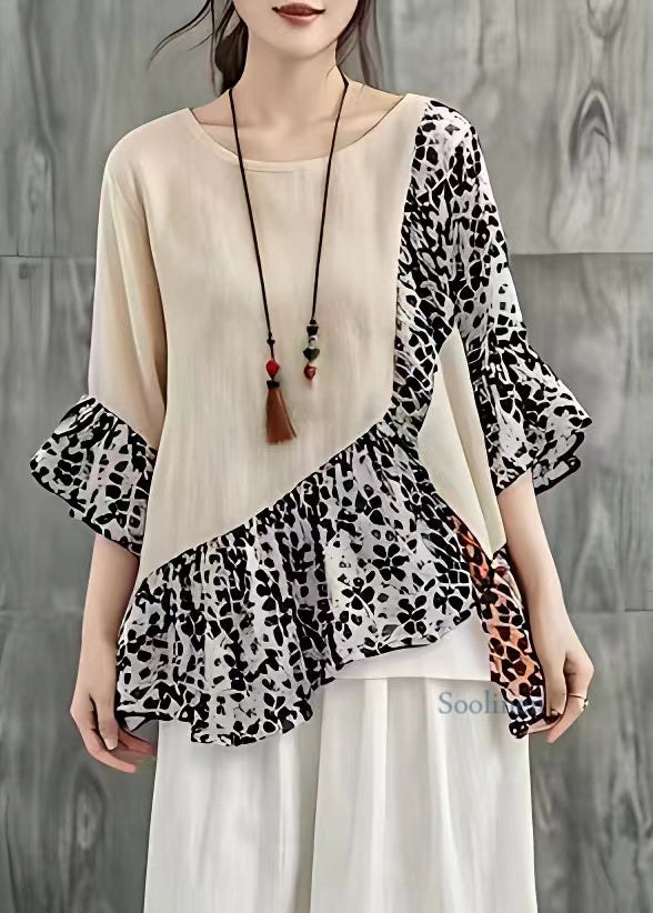 Boutique Apricot O-Neck Print Patchwork Shirt Long Sleeve