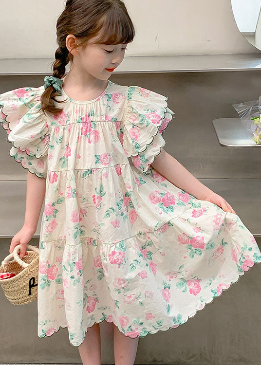 Boutique Apricot Print Patchwork Cotton Kids Girls Dresses Butterfly Sleeve