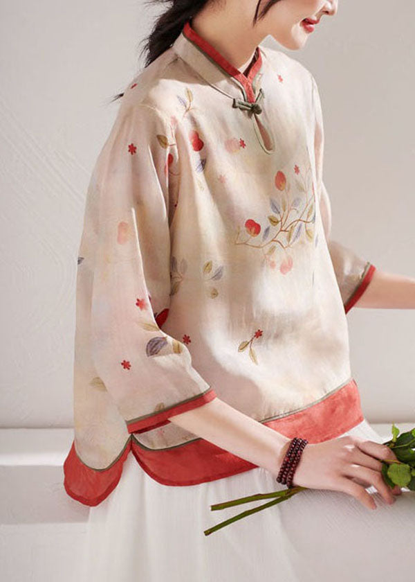 Boutique Apricot Stand Collar Print Linen Blouses Summer