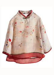 Boutique Apricot Stand Collar Print Linen Blouses Summer