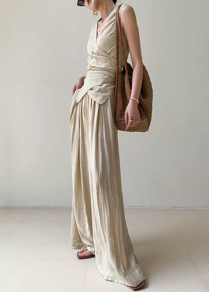 Boutique Apricot V Neck Wrinkled Linen Vest And Wide Leg Pants Two Pieces Set Summer