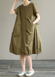 Boutique Army Green O Neck Ruffled Patchwork Cotton Dress Summer