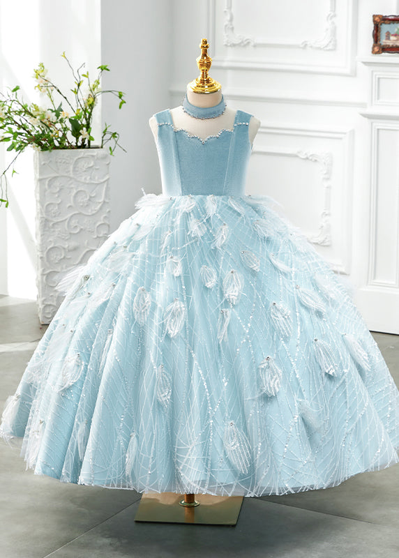 Boutique Baby Blue Turtleneck Rivet Tassel Tulle Girls Long Dress Sleeveless