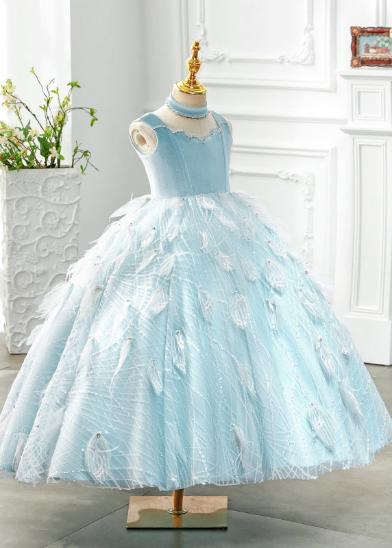 Boutique Baby Blue Turtleneck Rivet Tassel Tulle Girls Long Dress Sleeveless