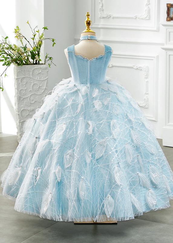 Boutique Baby Blue Turtleneck Rivet Tassel Tulle Girls Long Dress Sleeveless