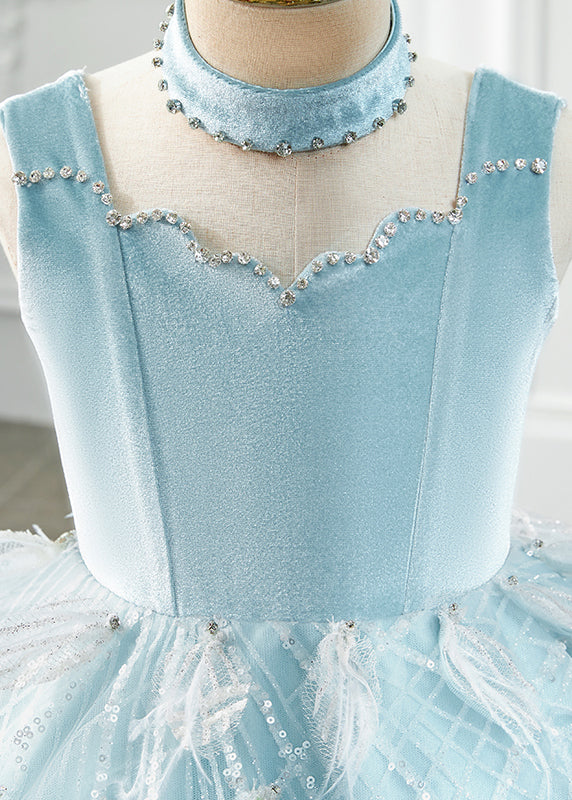 Boutique Baby Blue Turtleneck Rivet Tassel Tulle Girls Long Dress Sleeveless