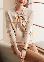 Boutique Beige Bow Patchwork Knit Sweaters Spring