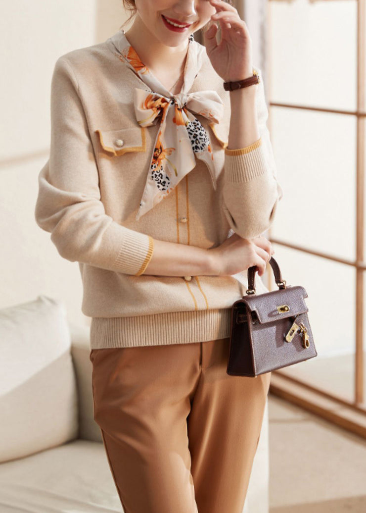 Boutique Beige Bow Patchwork Knit Sweaters Spring