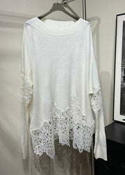 Boutique Beige Cold Shoulder Lace Patchwork Woolen Knit Sweaters Spring