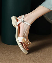 Boutique Beige Cowhide Leather CrystalSplicing Sandals Peep Toe