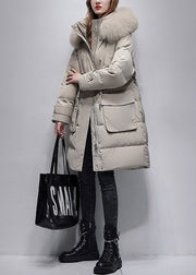 Boutique Beige Fur Collar Hooded Drawstring cotton blend Coat Winter