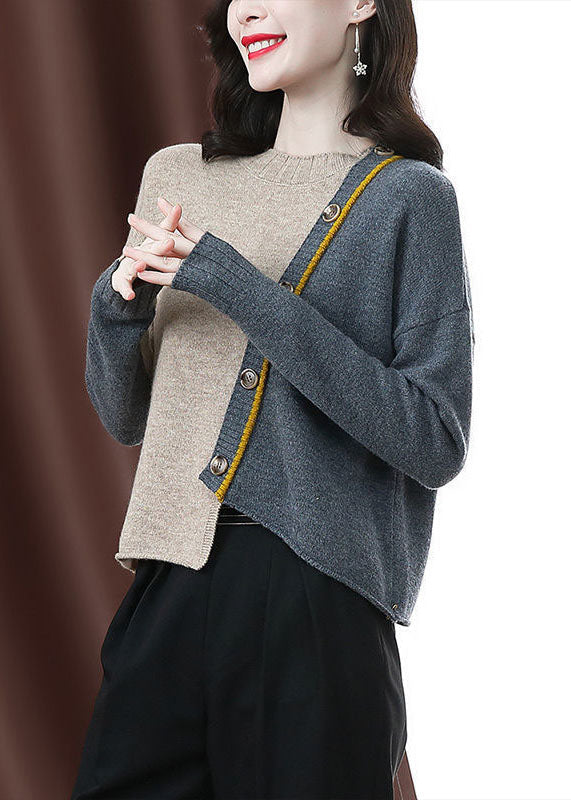 Boutique Beige Grey Asymmetrical Patchwork Chunky Oversized Knit Pullover Winter