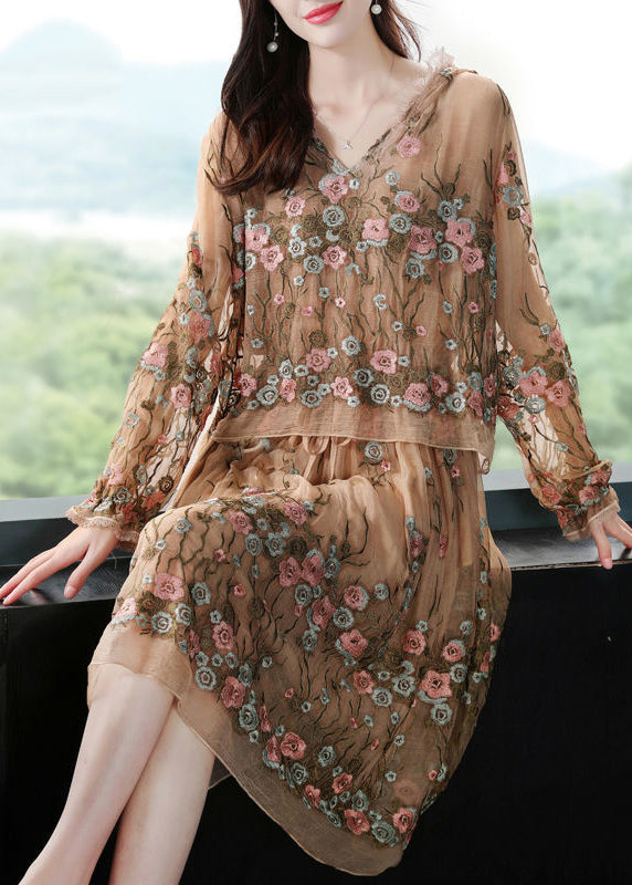 Boutique Beige Hooded printing Patchwork Silk Fake Two Piece Dresses Spring