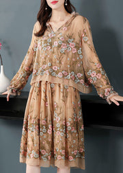 Boutique Beige Hooded Embroideried Patchwork Silk Fake Two Piece Dresses Spring