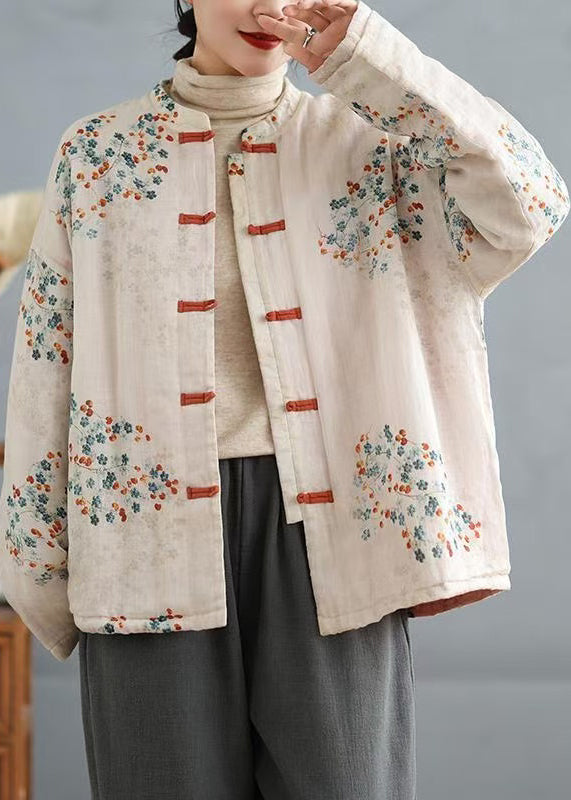 Boutique Beige Print Chinese Button Fine Cotton Filled Coat Spring