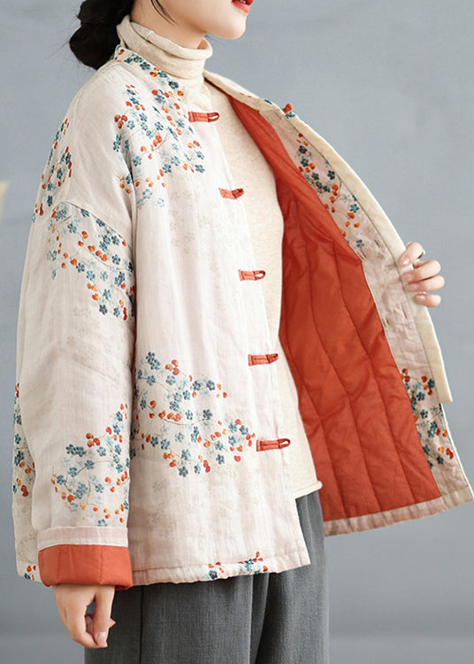 Boutique Beige Print Chinese Button Fine Cotton Filled Coat Spring