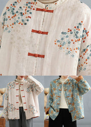 Boutique Beige Print Chinese Button Fine Cotton Filled Coat Spring