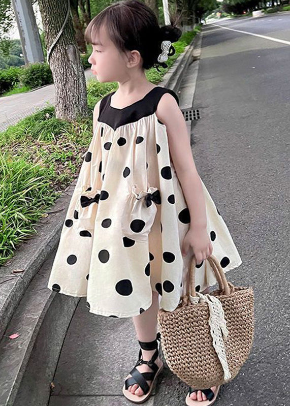 Boutique Beige Print Wrinkled Cotton Kids Spaghetti Strap Mid Dress Summer