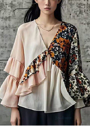 Boutique Beige Ruffled Patchwork Cotton Blouses Flare Sleeve