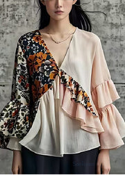 Boutique Beige Ruffled Patchwork Cotton Blouses Flare Sleeve