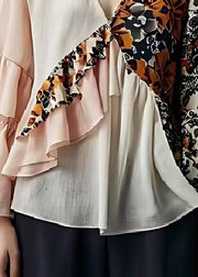 Boutique Beige Ruffled Patchwork Cotton Blouses Flare Sleeve