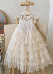 Boutique Beige Sequins Nail Bead Tulle Kids Long Dresses Sleeveless