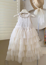 Boutique Beige Sequins Nail Bead Tulle Kids Long Dresses Sleeveless