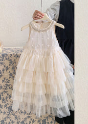 Boutique Beige Sequins Nail Bead Tulle Kids Long Dresses Sleeveless