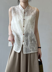 Boutique Beige Stand Collar Embroidered Tulle Waistcoat Summer