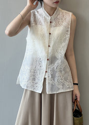 Boutique Beige Stand Collar Embroidered Tulle Waistcoat Summer
