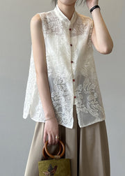 Boutique Beige Stand Collar Embroidered Tulle Waistcoat Summer