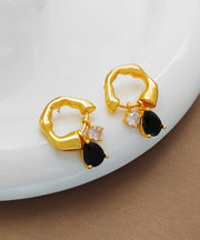 Boutique Black Asymmetrical Copper Glod Plated Zircon Glass Hoop Earringss