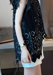 Boutique Black Asymmetrical Design Hollow Out Lace T Shirts Sleeveless