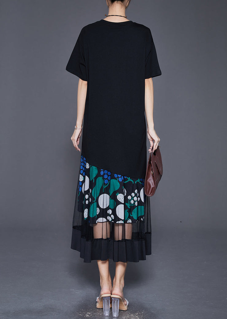 Boutique Black Asymmetrical Patchwork Hollow Out Cotton Long Dress Summer