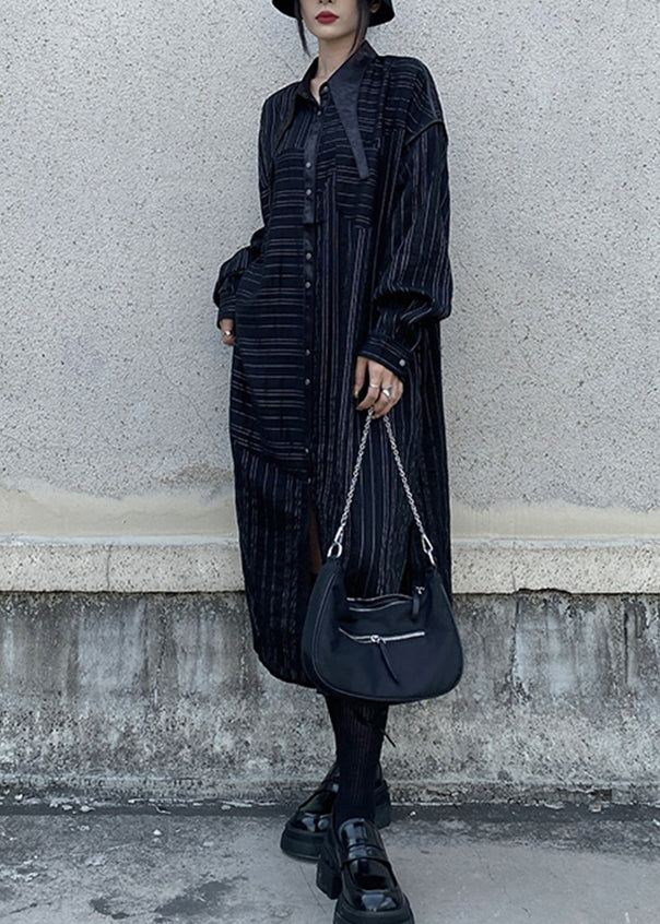 Boutique Black Asymmetrical Striped Cotton Shirts Dress Fall